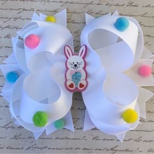 NWT Easter Bunny Pastel Hair Bow; Large White Easter Hair Bow with Alligator …